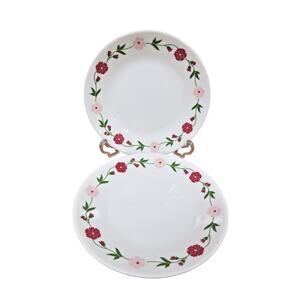 2 Corelle Spring Pink Red Flowers Floral Rim Bread & Butter Plates - 6.75"